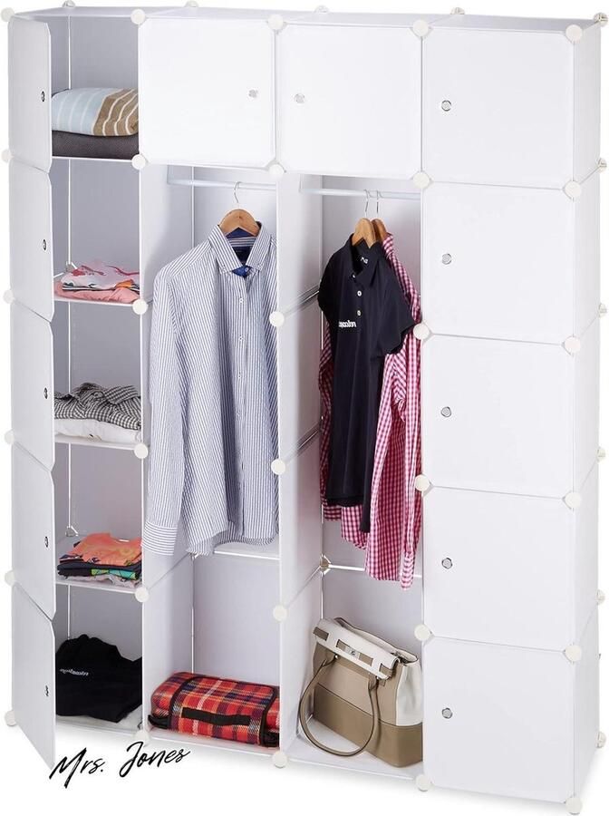 Mrs. Jones Kledingkast 14 vakken 2 kledingroedes wit hoge kast met kliksysteem