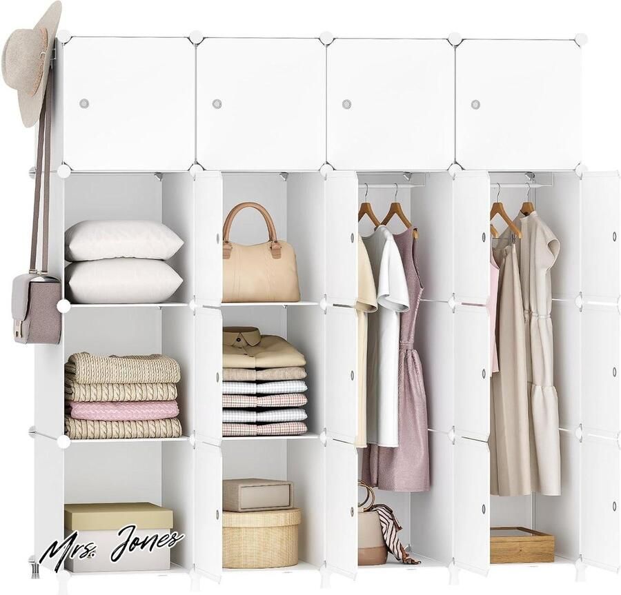 Mrs. Jones Kledingkast garderobekast modulaire kunststof kast met 16 kubussen steekreksysteem met deuren en kledingstang 2 rijen haken 145 x 465 x 1475 cm wit EWT44LY01 met opbergsysteem en planken