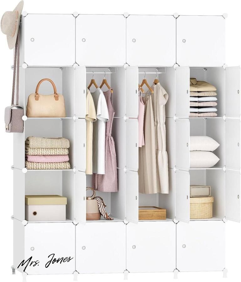 Mrs. Jones Kledingkast modulair 20 kubussen draagbare slaapkamerkast opbergkast met deuren en stangen 2 kledinghaken voor kleding schoenen speelgoed wit EWT45LY01
