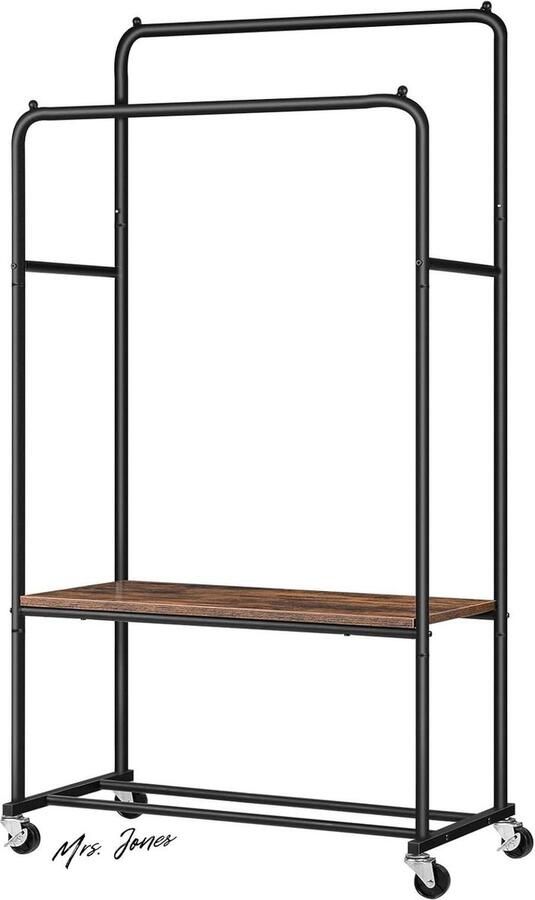Mrs. Jones Kledingrek 2 kledingstangen garderobestaard met wielen en 2 planken industrieel design voor slaapkamer hal donkerbruin zwart