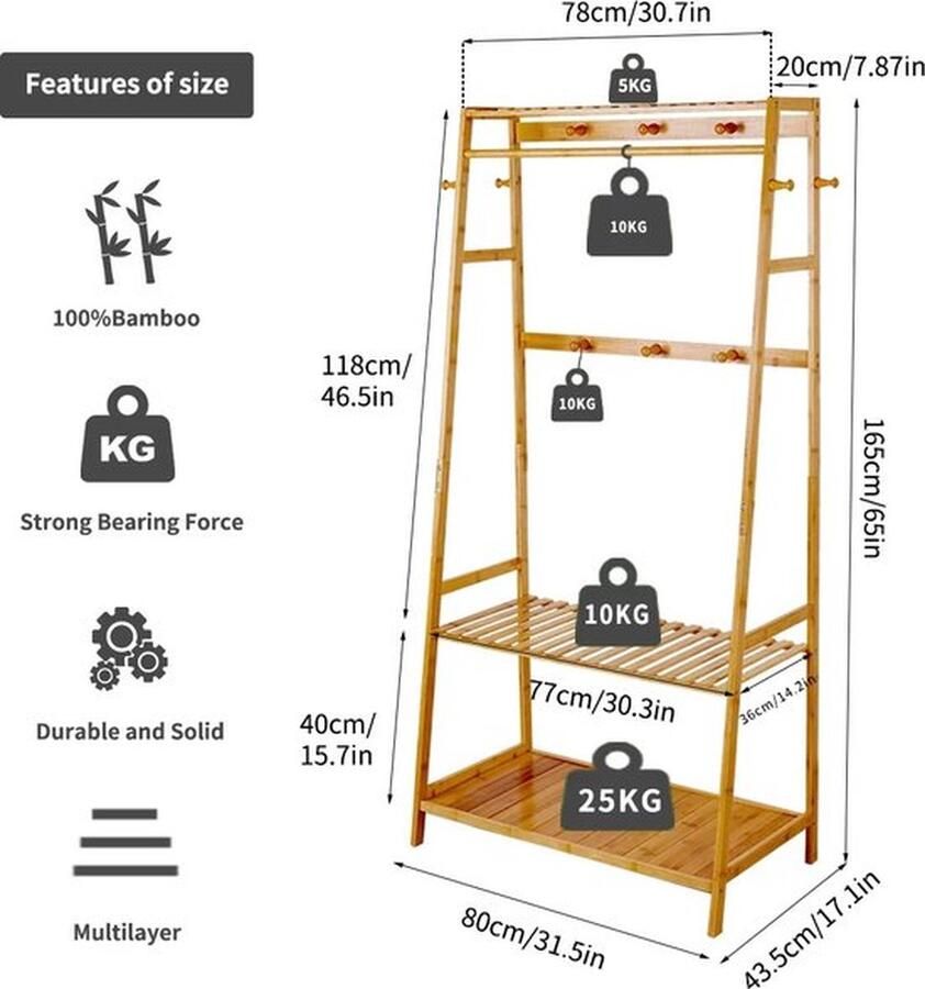 Mrs. Jones Kledingrek Bamboe Kleding rek met planken Garderobe rek Kledingkast Kapstok 165 x 80 CM Hout Bamboe