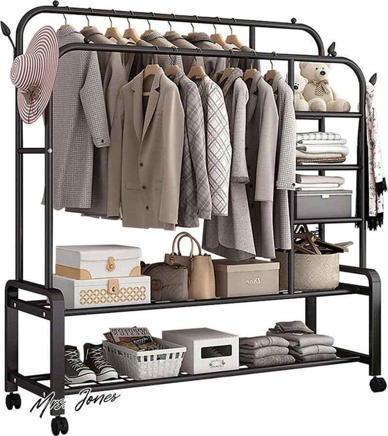Mrs. Jones Kledingrek dubbele stang robuust metaal slaapkamer draagbaar wieltjes zelfstandig kledingrek 4 haken opbergplanken