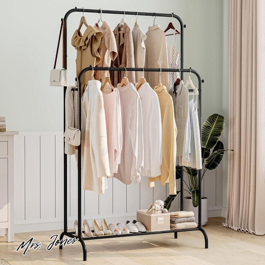 Mrs. Jones Kledingrek met twee stangen metalen frame droogrek slaapkamer & woonkamer zwart GR34099B