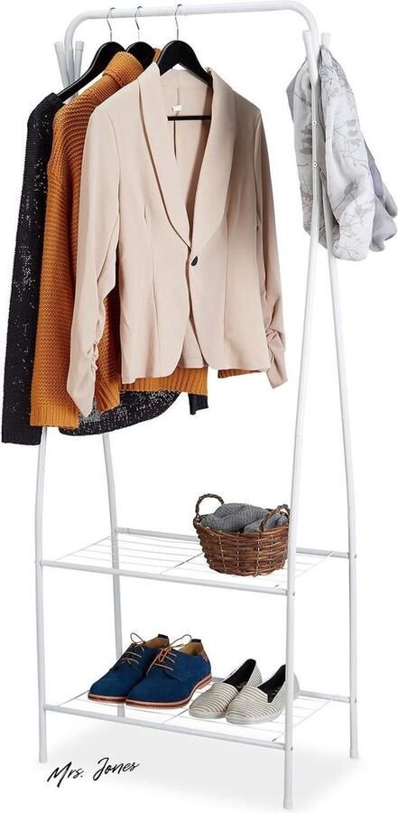 Mrs. Jones Kledingrek metaal 2 planken & 4 haken Kledingstang hal & kleedkamer H x B 158 x 60 x 33 cm Wit 1 stuks