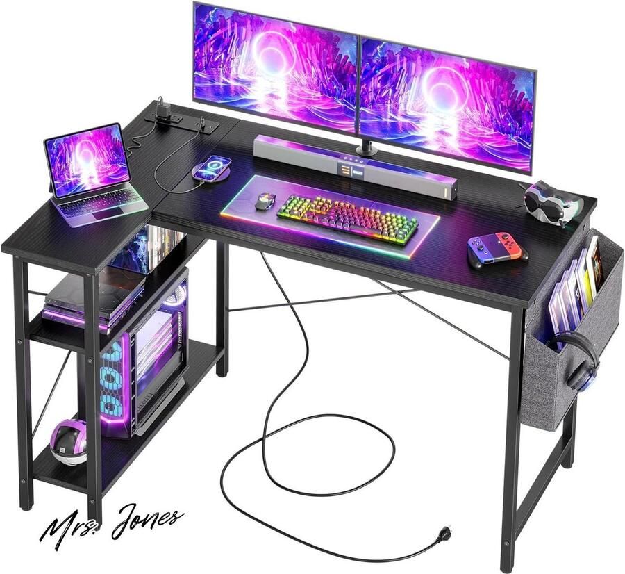 Mrs. Jones Klein Hoekbureau met Stopcontacten 120x70 cm L-vormig Computerbureau Schrijftafel Omkeerbare Grote Opbergplanken Boekenplank Werkstation voor Studie Speel Werk Slaapkamer Thuis Kantoor