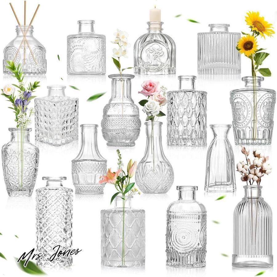 Mrs. Jones Kleine glazen vazen vintageSet van 16 glazen vazen vaas Mini Kleine Glazen Tafel Middenstukken Bloemen Vaasvoor Woonkamer Eettafel Bruiloft Middenstuk Binnen Slaapkamer Decoratie