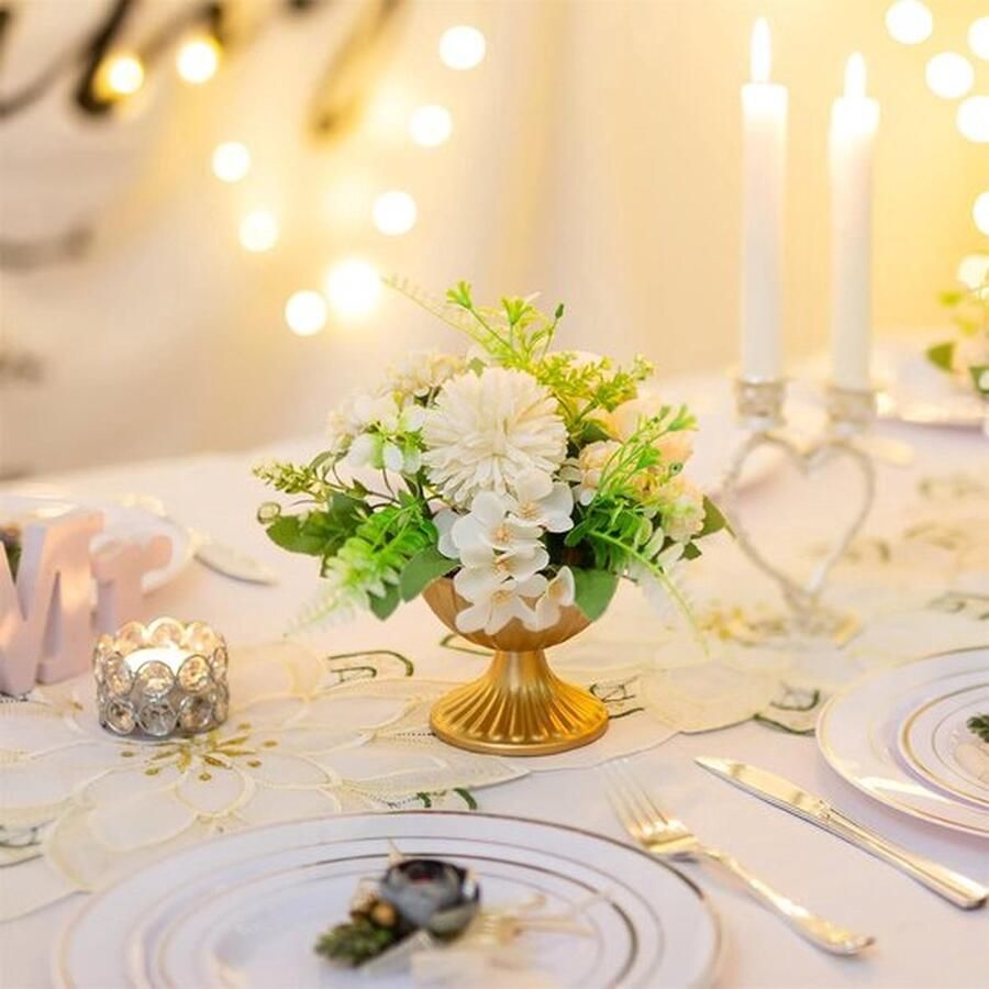 Mrs. Jones Kleine Gouden Vaas Bloempot voor Bruiloft Middenstuk Tafels Pak van 2 Metalen Bruiloft Middenstukken Urn Vazen Trompet Vaas voor Thuis Feest Tafeldecoratie Woonkamer Bijzettafel Salontafel