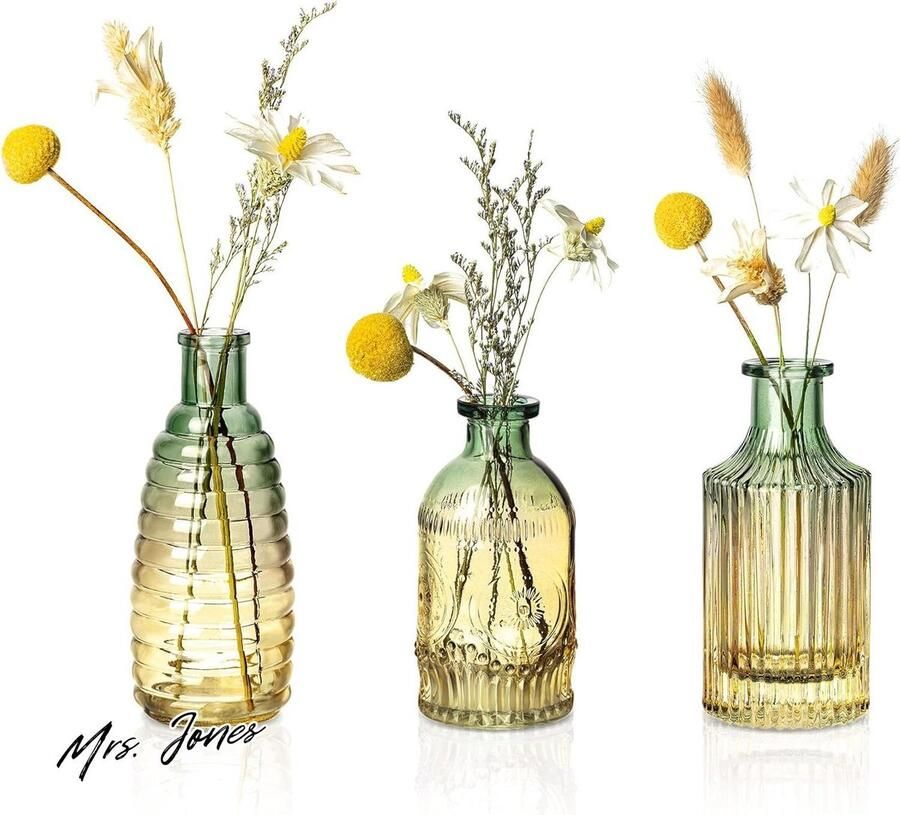 Mrs. Jones Kleine vintage glazen vaas set van 3 – kleurrijke knopvaas voor soliflora bloem – decoratieve vaas voor kantoor thuis eettafel bruiloft decoratie met strepen