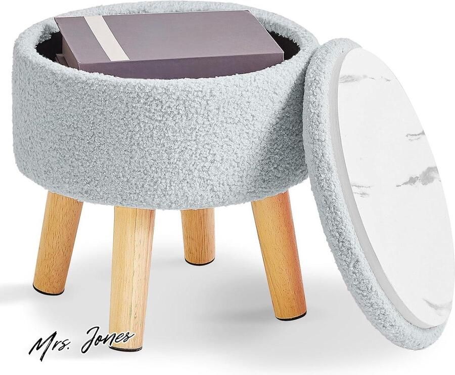 Mrs. Jones Premium Collection Kleine Ottomaanse voetenbank Opbergruimte Gewatteerde zitting Houten poten Teddy fluweel Blauw