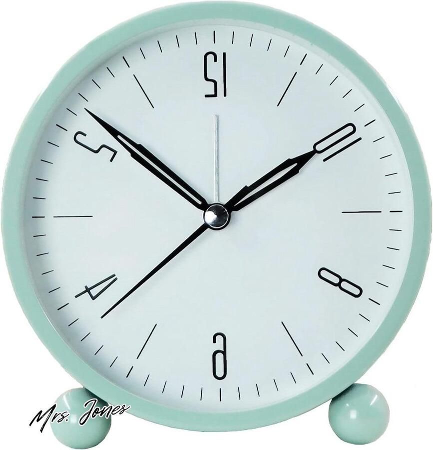 Mrs. Jones Kleine wekker 4 Inch Rond met Nachtlampje Niet Tikkend Stille Batterij Aangedreven Eenvoudige Metalen Exterieur Stijlvol Decor voor Slaapkamer Nachtkastje Groen