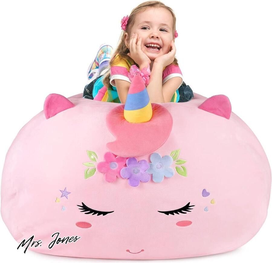 Mrs. Jones Knuffeldier zitzak opberghoes eenhoorn 200 l XXL speelgoed opbergzak voor kinderkamer om te organiseren roze