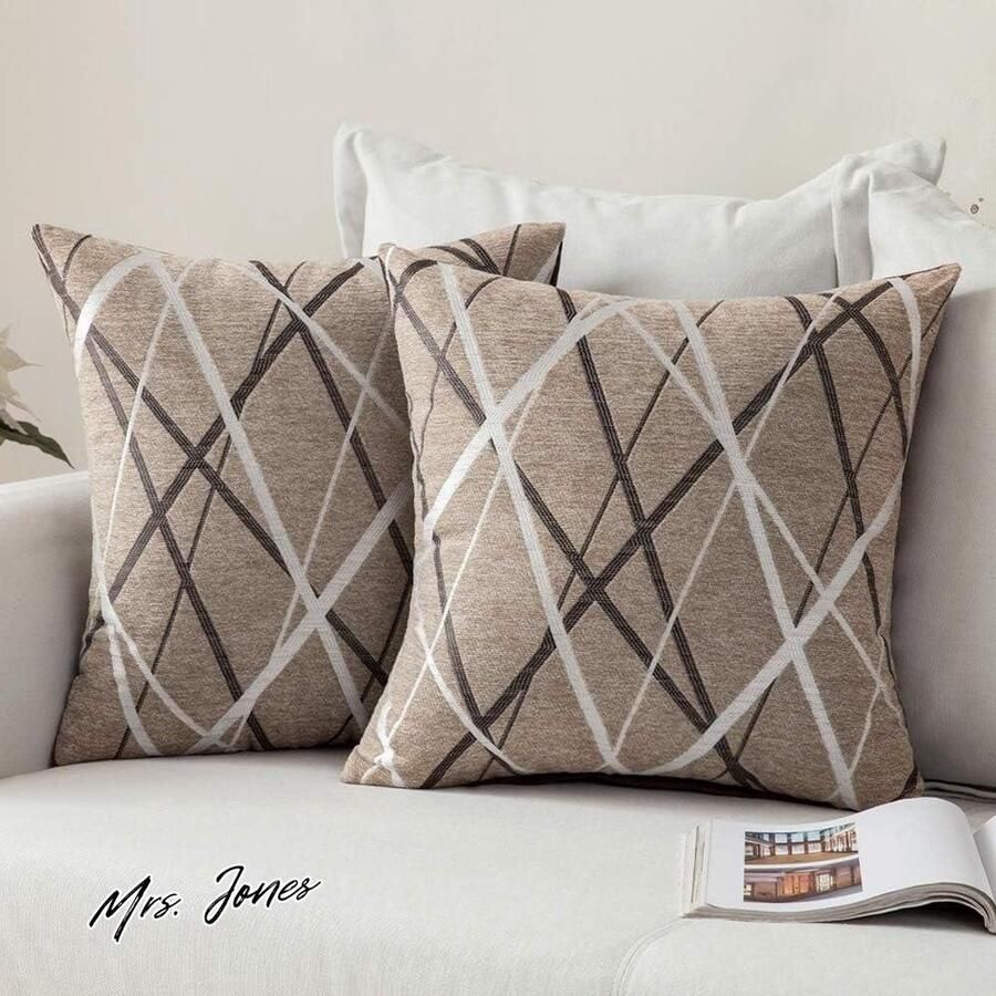 Mrs. Jones kussenhoes sierkussenhoes decoratief vierkant ontwerp met lichte lijnen voor bank woonkamer bed slaapkamer 60 x 60 cm 2 stuks lichtbruin Light Coffee