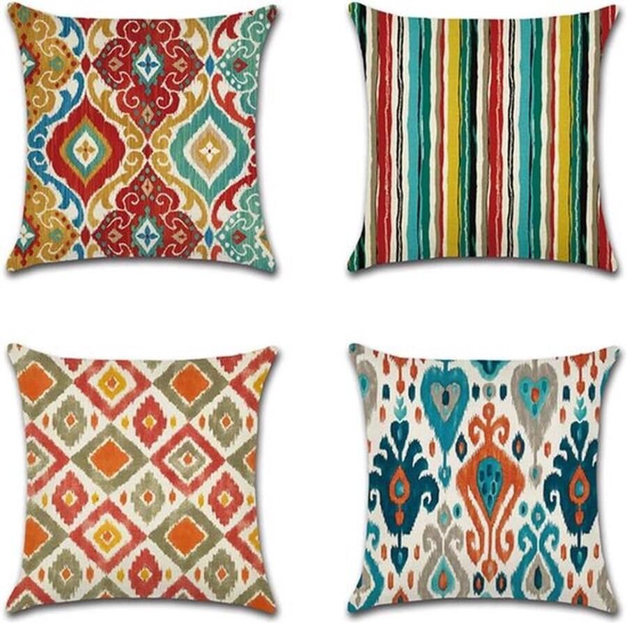 Mrs. Jones Kussenovertrek van linnen katoen 45 x 45 cm zonder vulling leuk voor op de bank op het bed buiten 4 stuks Kleurrijk patroon. 45 x 45 cm