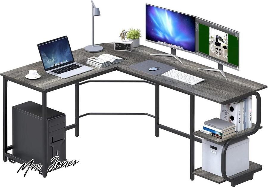 Mrs. Jones L-vorm bureau 155 x 110 cm met planken omkeerbare ronde hoek computer bureau gaming tafel werkstation voor thuiskantoor zwart eiken