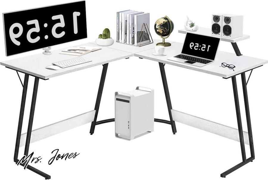 Mrs. Jones L-vormig bureau 130 x 130 x 75 cm gamingtafel met monitorstandaard ergonomische hoekbureau grote pc-hoektafel wit