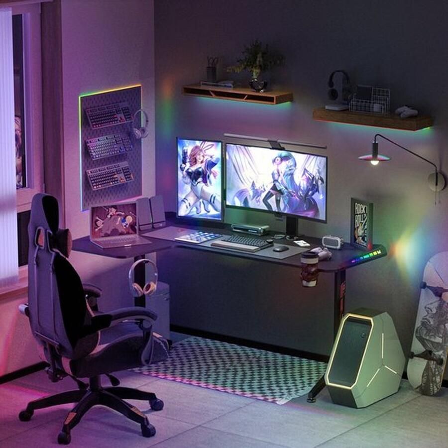 Mrs. Jones L-vormig Gaming Bureau met RGB LED Verlichting Zwart 160x100 cm Ergonomisch Ontwerp Bekerhouder Hoofdtelefoon Haak Gaming Desk voor Computer en Home Office L-vorm Links