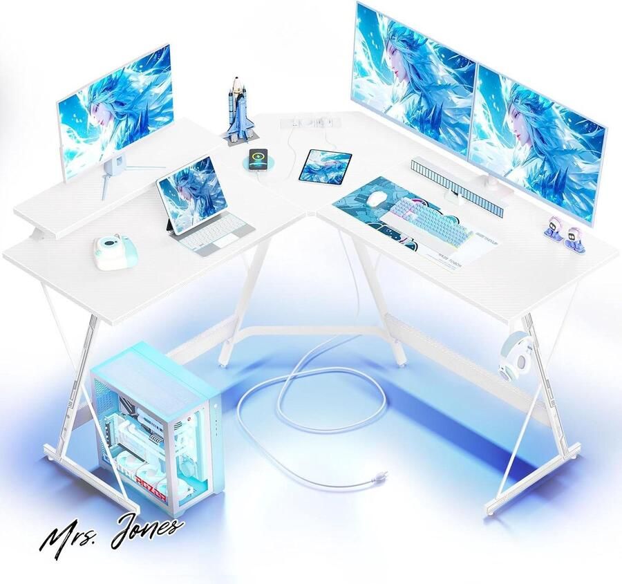 Mrs. Jones L-vormig Gamingbureau LED Stekkerdoos 128x128 cm Ergonomische Hoek Gamer Computertafel LED Strip Grote PC Monitorstandaard Hoofdtelefoonhaak voor Studie Speel Werk Slaapkamer Thuis Kantoor