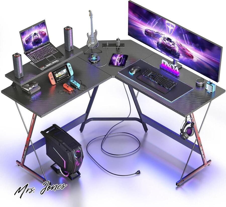 Mrs. Jones L-vormig Gamingbureau LED Stekkerdoos 128x128cm Ergonomische Hoek Gamer Computertafel Grote PC Monitorstandaard LED Strip Hoofdtelefoonhaak voor Studie Speel Werk Slaapkamer Thuis Kantoor