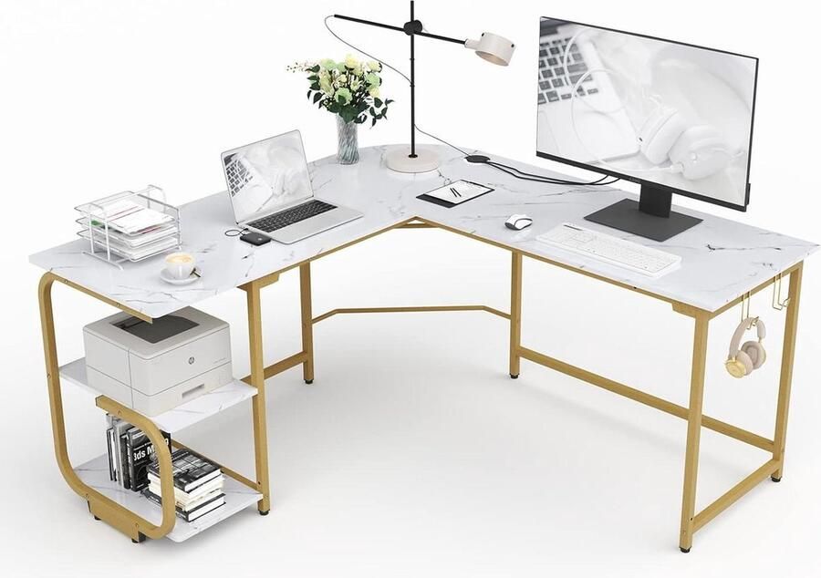 Mrs. Jones L-vormige Computer Bureau met G Planken voor Thuiskantoor Hoek Computer Bureau voor Kleine Ruimte Wit-Goud Frame Bureau Thuiskantoor
