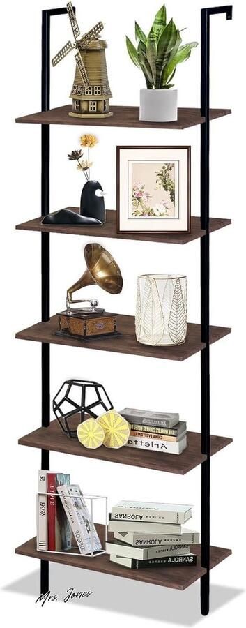Mrs. Jones Ladderrek boekenkast met 5 niveaus industrieel wandrek wandleuning staand rek voor woonkamer slaapkamer kantoor badkamer 60 x 30 x 183 cm bruin
