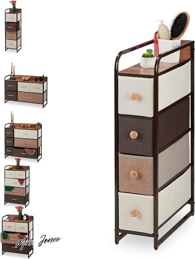 Mrs. Jones ladekast 4 lades plateau nachtkastje knop stalen frame HBD 84.5 x 20 x 49.5 cm bruin met opbergruimte-organizer