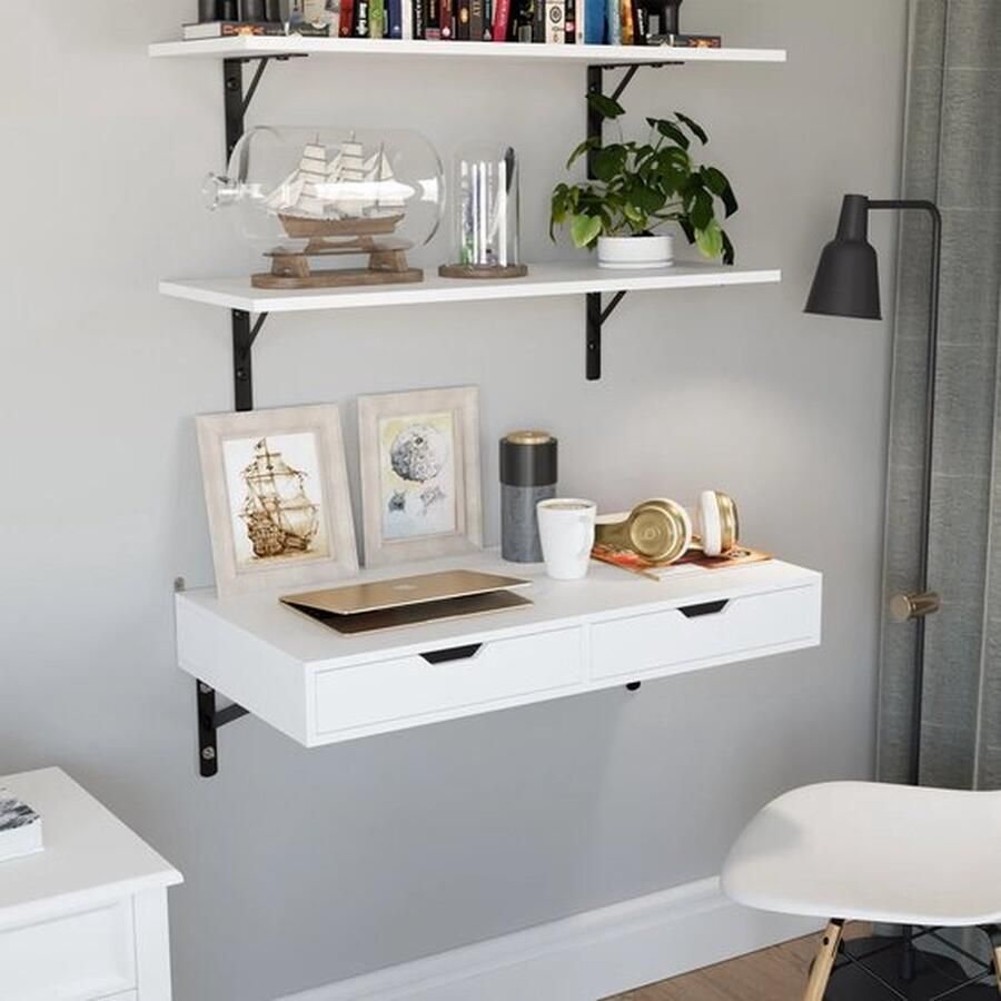 Mrs. Jones Laptoptafel Wand gemonteerde tafel wandbureau met 2 lades laptoptafel 80x40x40 cm hangtafel Bijzettafel muur gemonteerd Wit