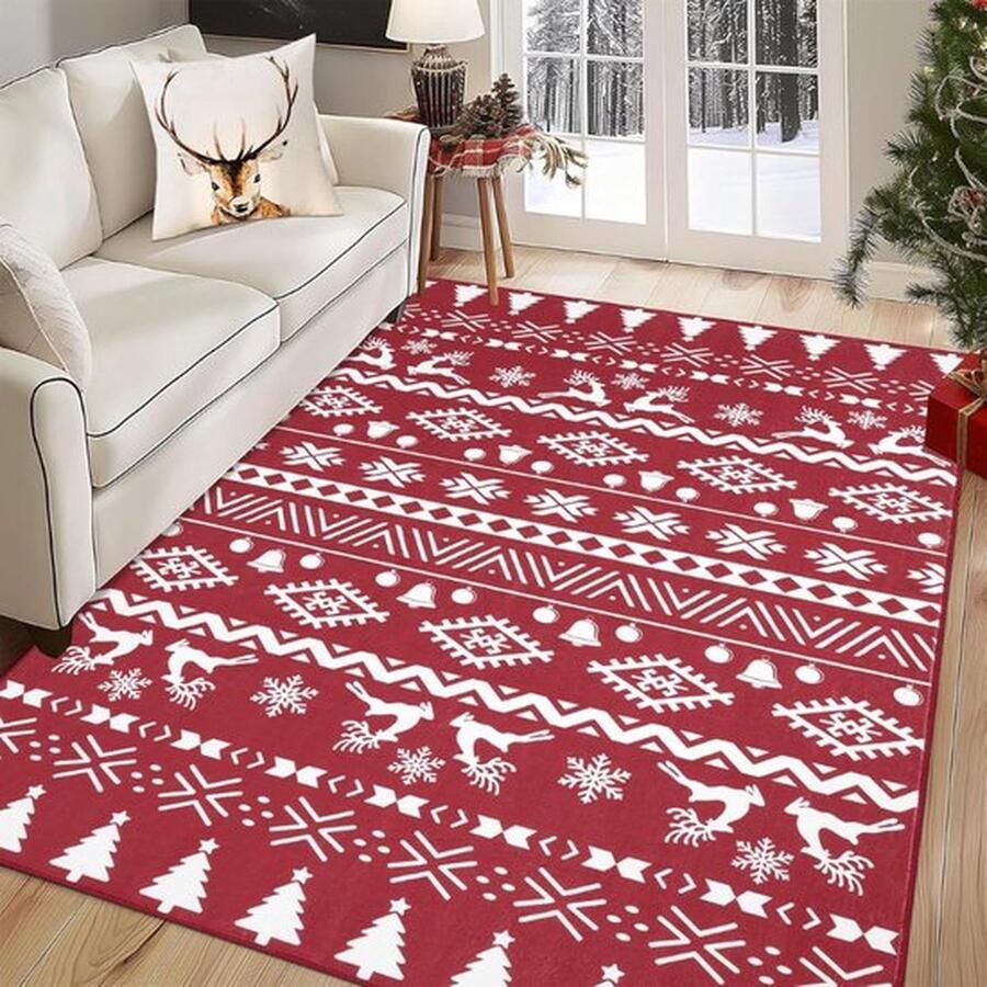 Mrs. Jones Large Modern Kersttapijt Machinewasbaar Kerstboom Herten & Sneeuwvlok Tapijt Antislip Zacht Binnen Tapijt met Lage Pool Decoratief Vloerkleed voor Woonkamer & Slaapkamer