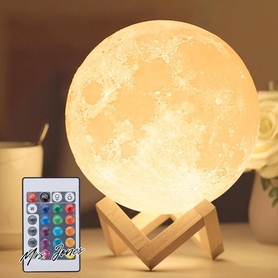 Mrs. Jones LED Nachtlampje Lamp met Houten Standaard 7.1 Afstandsbediening USB Opladen 16 Kleuren 3D Maan Lamp voor Kinderen Meisjes Slaapkamer Woondecoratie Geschenken Vrouwen Kerstmis
