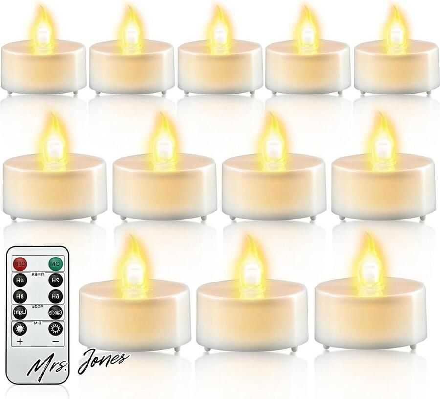 Mrs. Jones Led theelichtjes met timer afstandsbediening vlamloze ledkaarsen elektrische flikkerende theelichtjes op batterijen voor thuis kamer tafel Halloween kerstdecoratie 12 stuks