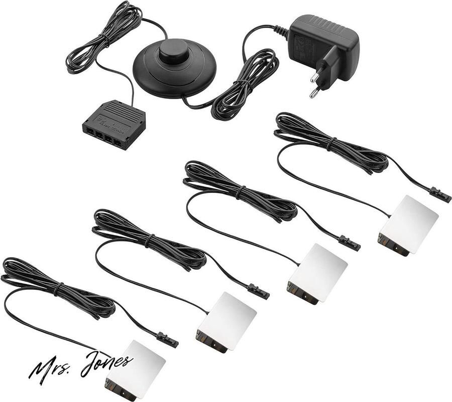 Mrs. Jones LED Vitrinekast Verlichting 12V Stekker Schakelaar Set van 4 Glazen Plank Verlichting Warm Wit 3000K Kleur