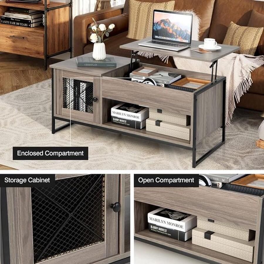 Mrs. Jones Lift Top Salontafel Industriële Centrumtafel met Pneumatische Lifting Multifunctionele Accenttafel met Gesloten Compartiment & 2-deurs Kast voor Woonkamer 106 x 55 x 44 5 cm Grijs