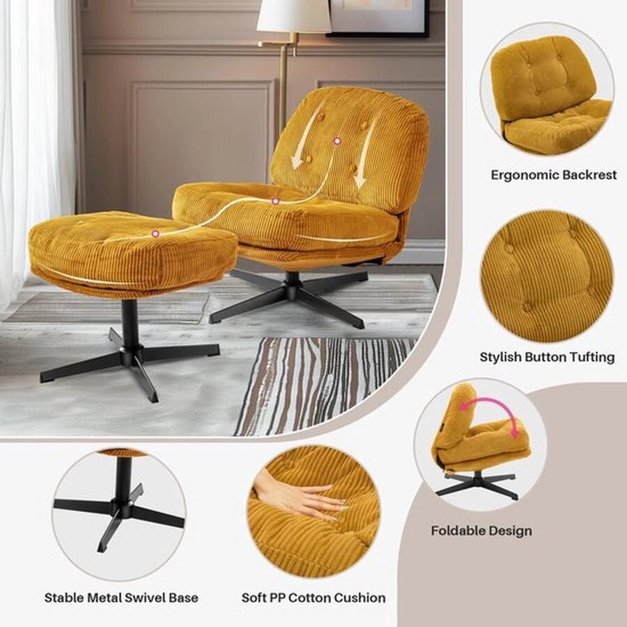 Mrs. Jones Loungestoel Lounge Stoel Relaxstoel Fauteuil Chaise Longue Draaistoel 360° Draaibaar Inclusief Hocker Dikke Kussens Geel