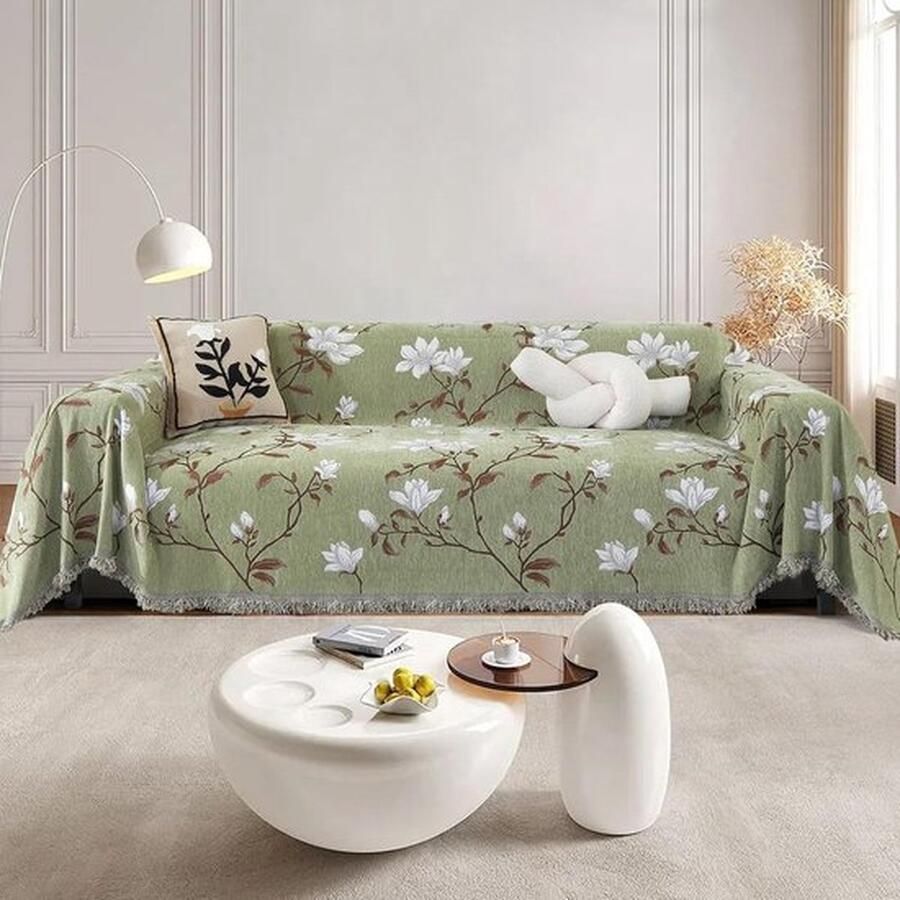 Mrs. Jones Luxe Chenille Bankhoes met Fransen 180 x 300cm Groene Kapok Patroon Decoratieve Sofa Cover & Kuscheldecke