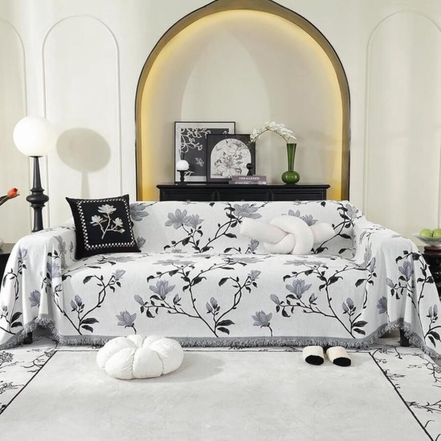 Mrs. Jones Luxe Chenille Sofa-Overgooier Met Kwastjes 180 x 300 cm Stijlvolle Grijze Tweepersoons Bankhoes