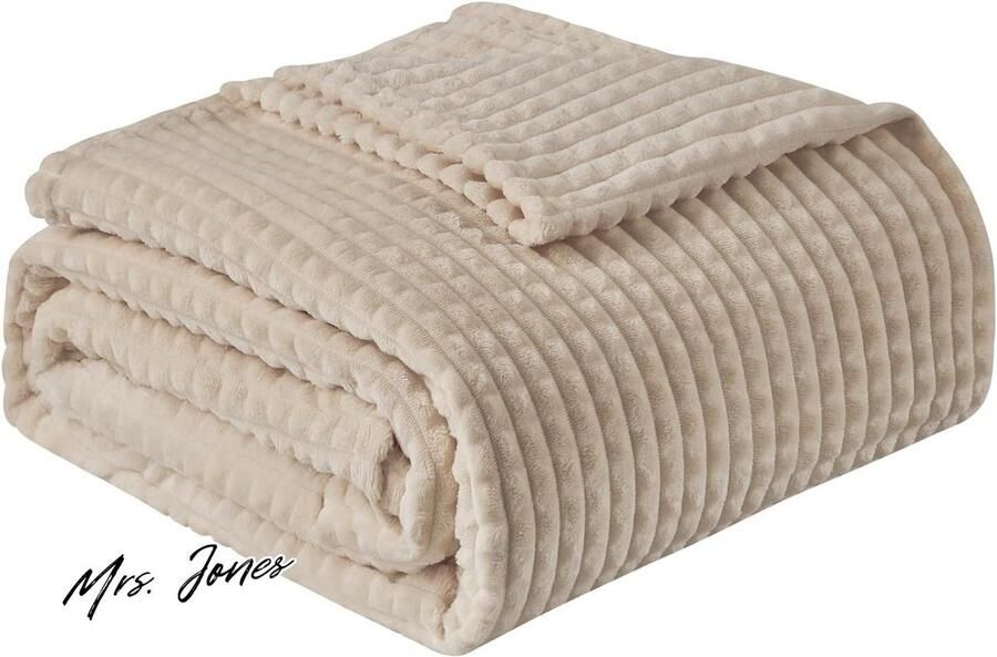 Mrs. Jones Luxe Flanel Fleece deken tweepersoons voor bank bed sofa stoel zachte pluche warme en gezellige deken met geometrisch rasterontwerp beige 150 x 200 cm