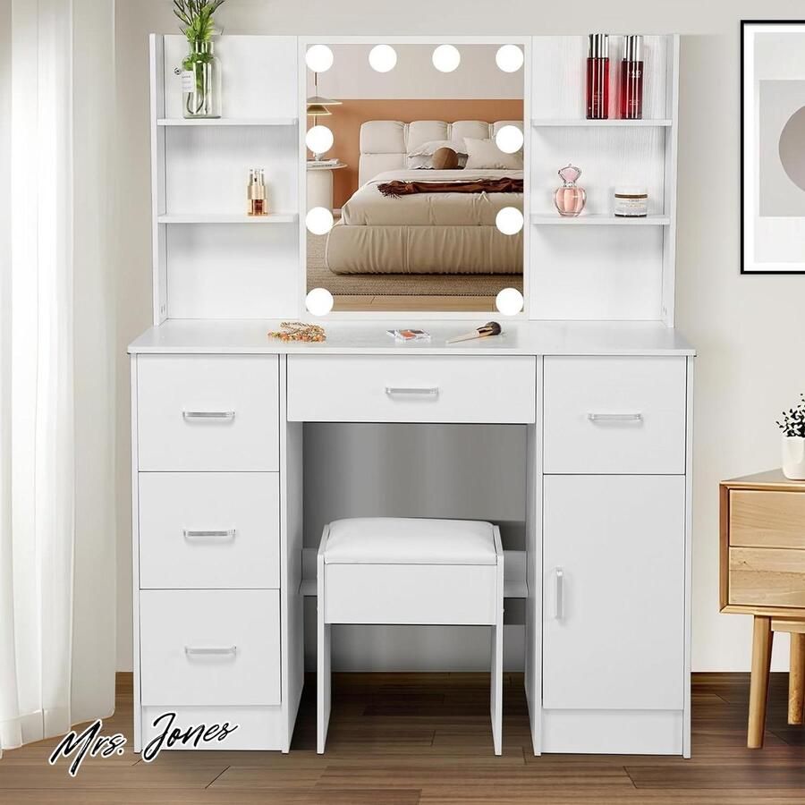 Mrs. Jones Luxe make-uptafel met dimbare verlichting 3 lichtkleuren kaptafel met spiegel en kruk make-uptafel met 5 laden 4 planken 1 kast 100 x 40 x 140 cm