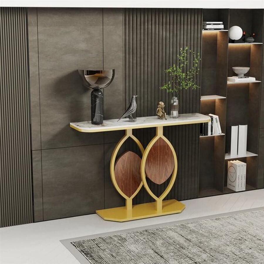 Mrs. Jones Luxe Moderne Gouden Consoletafel Gesinterd Stenen Blad met Geometrisch Metalen Voetstuk