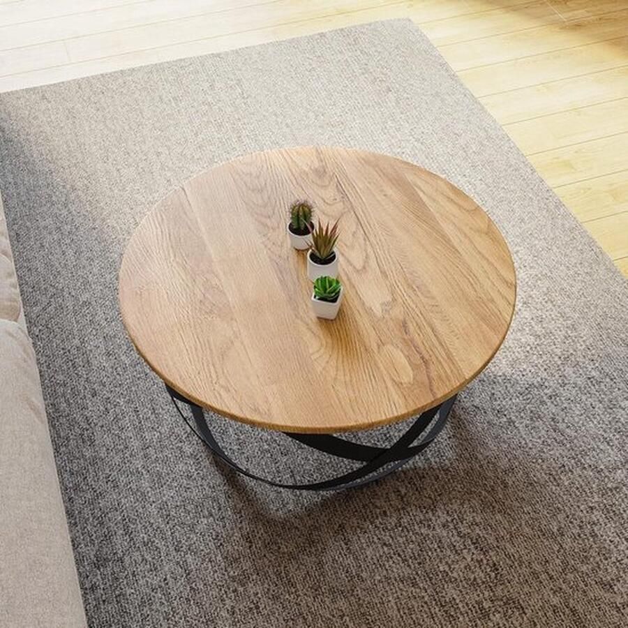 Mrs. Jones Luxe Salontafel van Massief Eikenhout en Staal Modern en Artisanal Zwart en Rond Ø70x40 cm