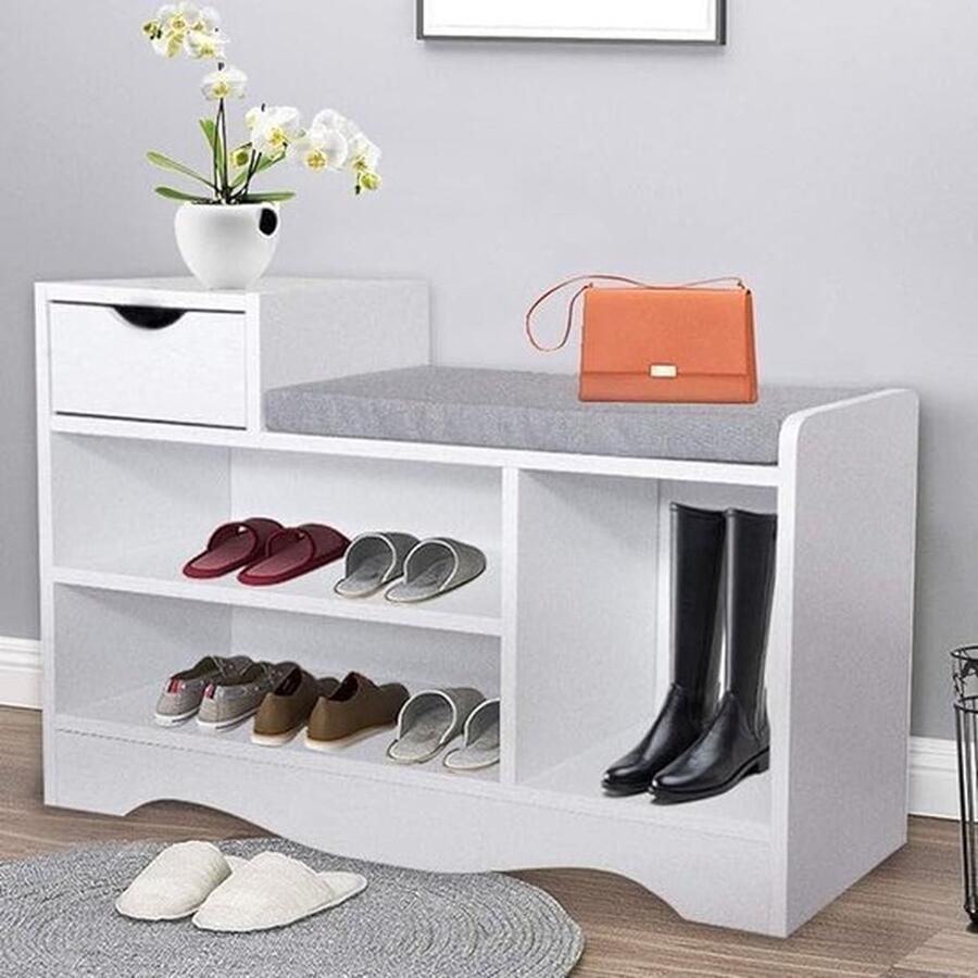 Mrs. Jones Luxe Schoenenbank met Zitkussen Wit Grijs Ruimte voor 6-8 paar Schoenen Elegante Zitbank voor Entree of Hal