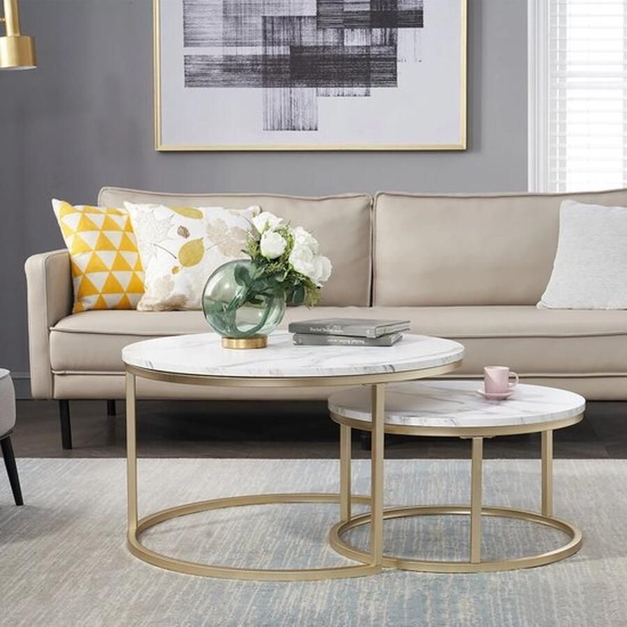 Mrs. Jones Luxe Set van 2 Salontafels met Marmerlook Elegante Ronde Bijzettafels Stijlvol Meubilair voor de Woonkamer ?60 & ?40 - Foto 3