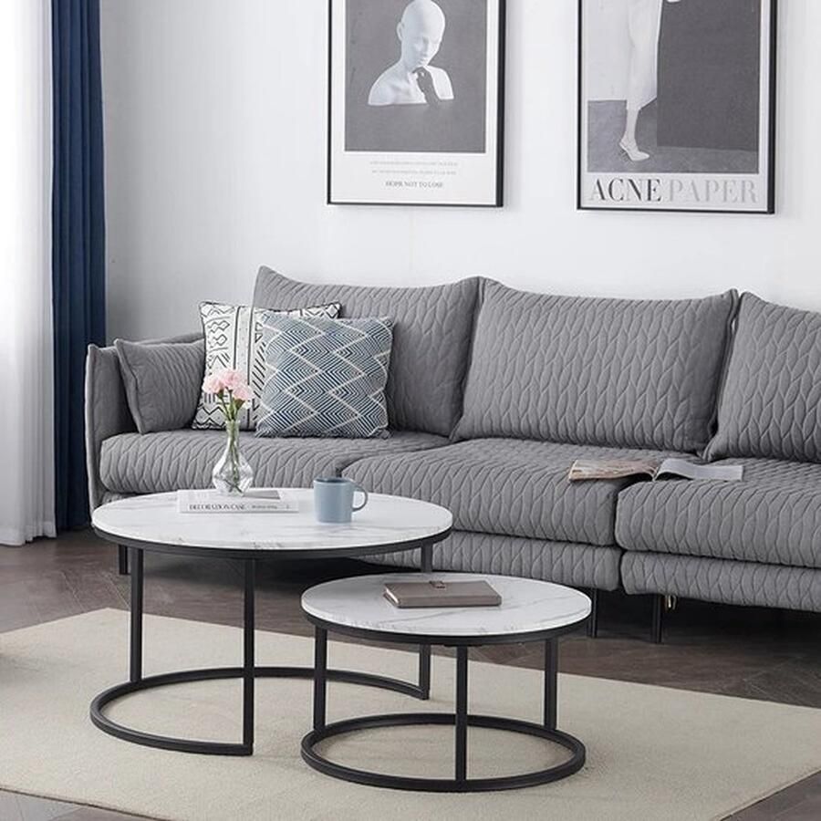 Mrs. Jones Luxe Set van 2 Salontafels met Marmerlook Elegante Ronde Bijzettafels Stijlvol Meubilair voor de Woonkamer ?60 & ?40 - Foto 2