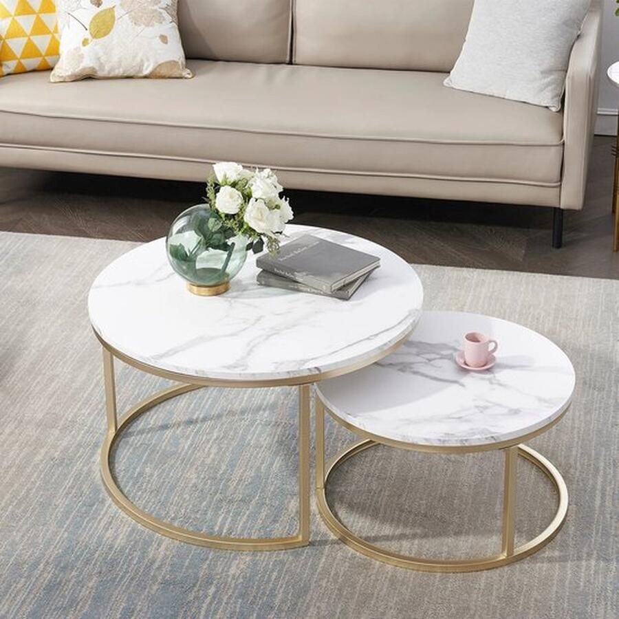 Mrs. Jones Luxe Set van 2 Salontafels met Marmerlook Elegante Ronde Bijzettafels Stijlvol Meubilair voor de Woonkamer ?60 & ?40