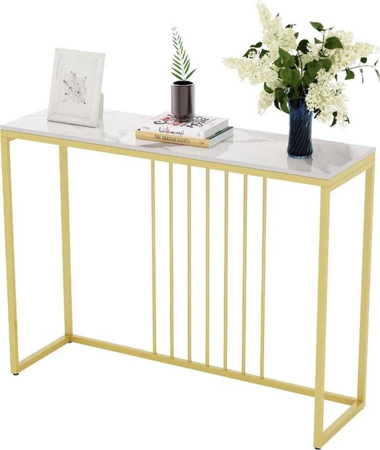 Mrs. Jones Luxe sidetable Muurtafel Wandtafel Bijzettafel Console tafel Wandbureau Kaptafel Bartafel Wit marmer blad Goud frame 100 x 300 x 78.5cm Wit