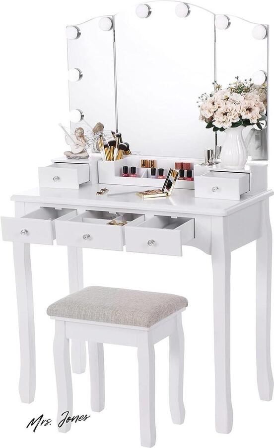 Mrs. Jones Make-uptafel met 10 ledlampen 5 schuifladen 2 doe-het-zelf verdelingen gevoerde kruk beweegbare organizer wit