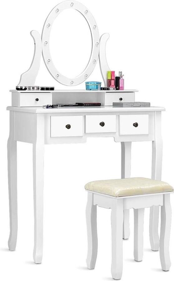 Mrs. Jones Make-uptafel met ledverlichting kaptafel met spiegel kaptafel van hout kaptafel met lade en kruk