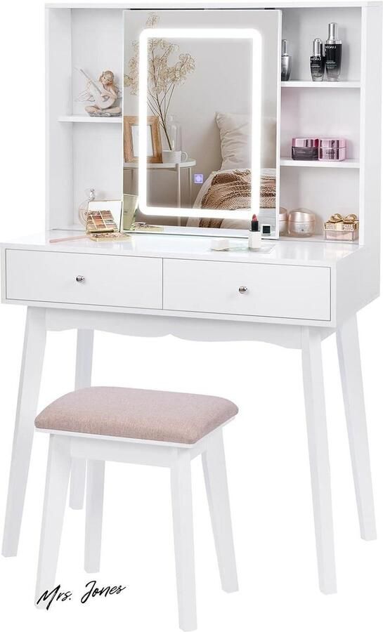 Mrs. Jones Make-uptafel met verlichting instelbare helderheid schuifspiegel kaptafel kruk 2 laden wit