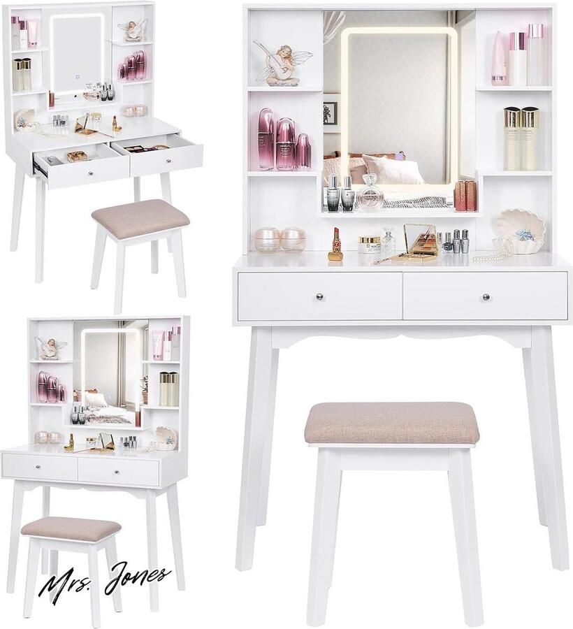 Mrs. Jones Make-uptafel met verlichting- kruk in 3 kleuren- LED-verlichting ijdelheid make-uptafel met spiegel- tafel 5 laden voor meisjes kaptafel met spiegel kruk wit