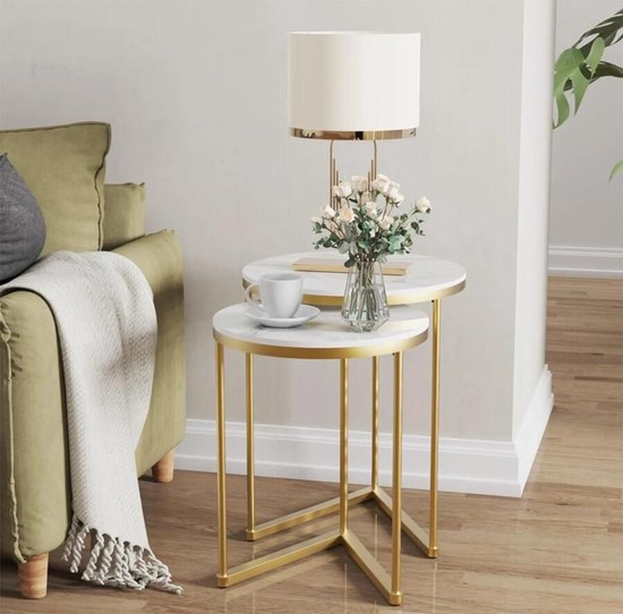 Mrs. Jones Marmer Bijzettafels Set van 2 Hoogwaardige Marmeren Stenen tafels Koffietafels Chique Bijzettafels Marmer Zijtafel Goud-Wit