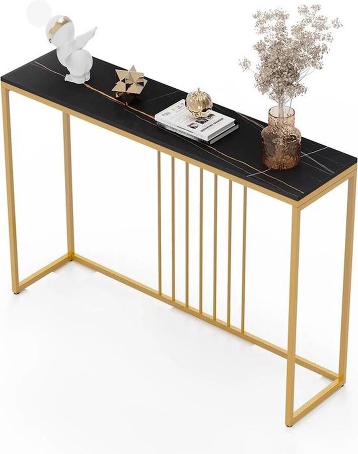 Mrs. Jones Marmeren Console Tafel Wandtafel Haltafel Goud Metalen Frame Krasbestendig Slijtvaste Gesinterde Steen 120x30x78.5cm Zwart Goud