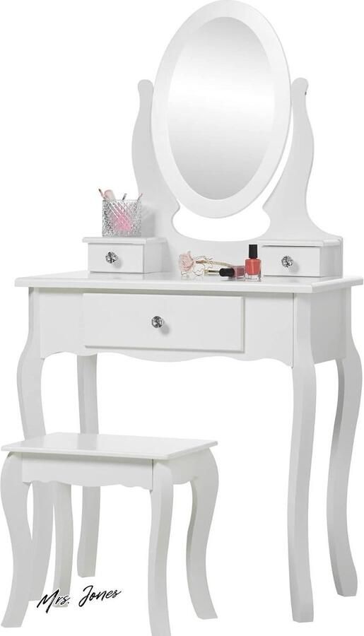 Mrs. Jones Meisjes Kaptafel met Spiegel en Krukje Childrens White Wooden Kids Vanity Table met Kristallen Knoppen Childs Dressing Table Set voor een Kind Kinderen in de leeftijd van (8-13)